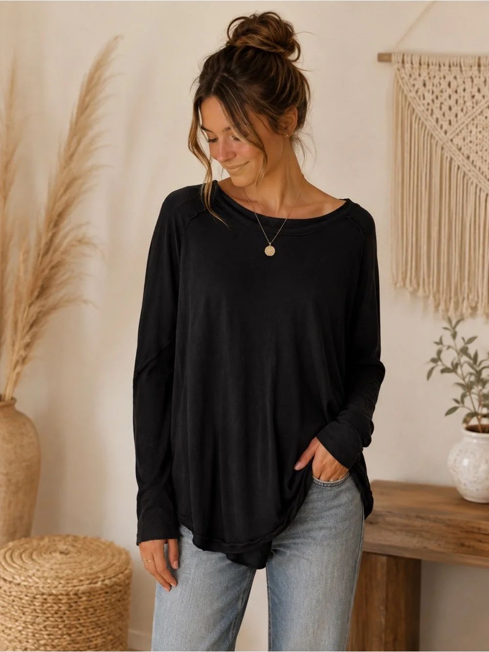 Free People Black Relaxed Long-Sleeve Tee
